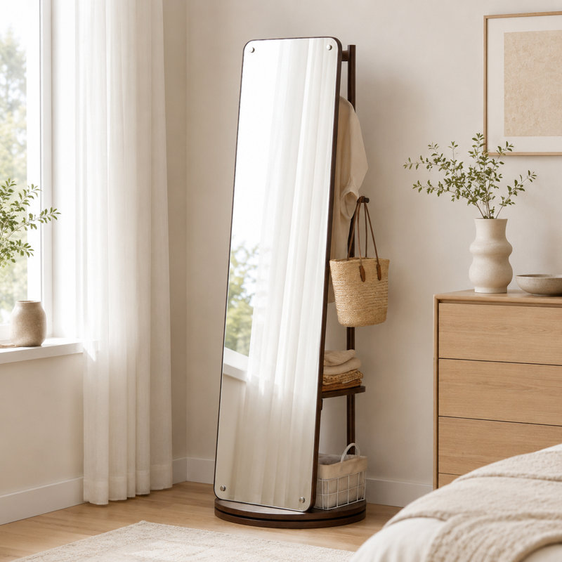 Rotating Freestanding Full‑Length Mirror with Clothes Rack, Solid Wood Construction