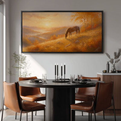 Large Framed Canvas Wall Art - Golden Horse Meadow Landscape Decor -  60"x30"
