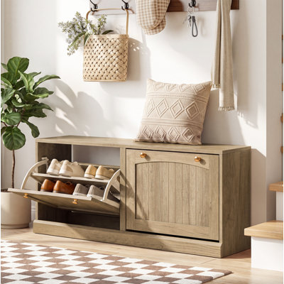 41.3" W Storage Shoe Bench, Entryway Bench with Flip-Drawer Shoe Storage, 2-Tier Cabinet, Holds 8 Pairs