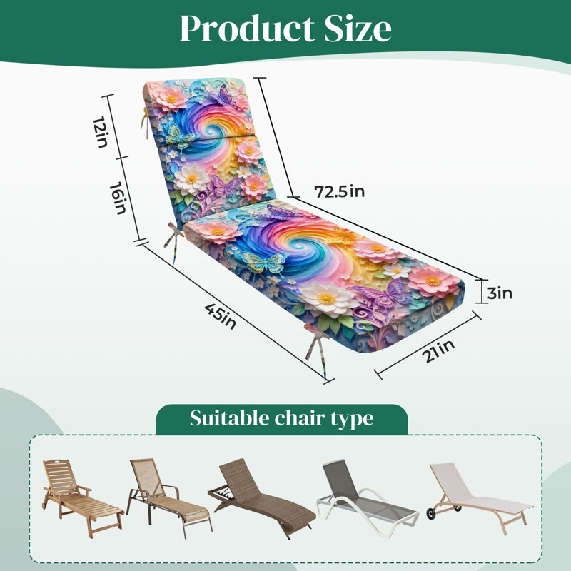 Coussin de chaise longue Peenoke 72,5 po L × 21 po l × 3 po P (siège) - Intérieur/Extérieur - Épaisseur : 3 po - Motif floral et papillons tourbillonnants colorés et fantaisistes - Teintes pastel - Résistant à l'eau