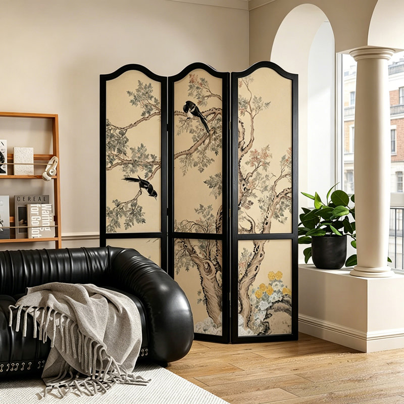 Paravent pliable Georgette, paravent à imprimé floral rétro avec cadre en bois massif noir