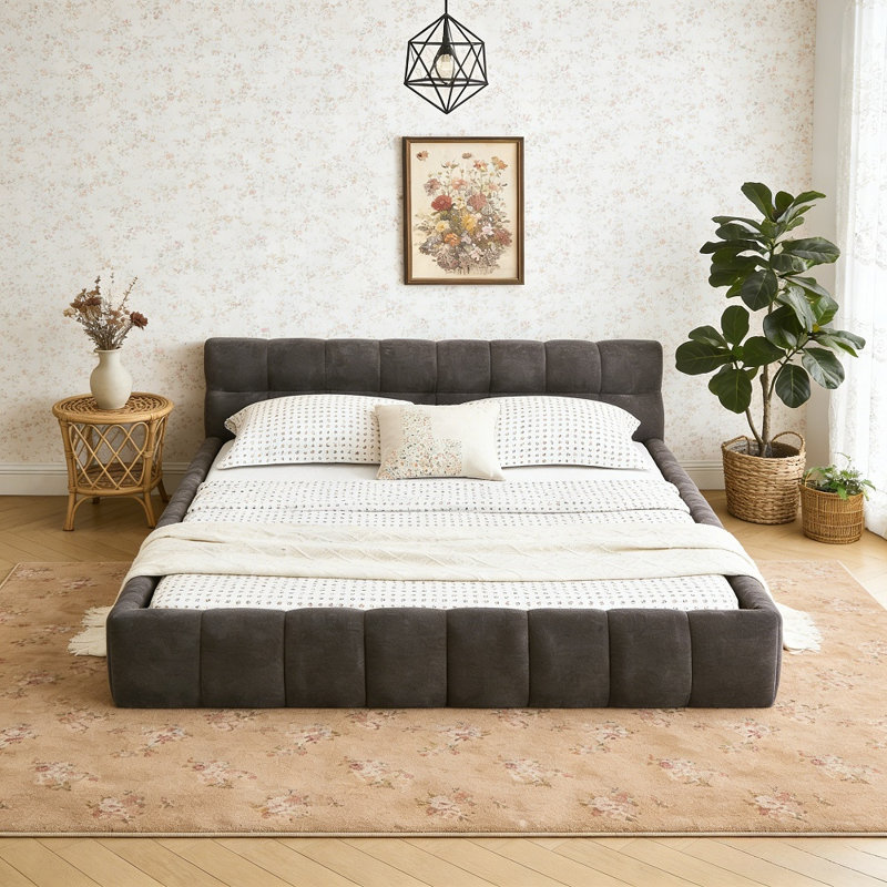 Structure robuste en chenille avec tête de lit, sans sommier tapissier, lit solide et robuste, Gris foncé, Grand lit