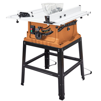 Powerful 15A 5000RPM 10-Inch Portable Table Saw with Stand – Adjustable Blade Height & Depth, 90° Crosscut & 0-45° Bevel, Integrated Push Stick, fine particles Collector Port – Orange Plastic Case