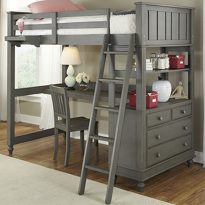 Adriel Kids Loft Bed with Drawers, Stone Frame Color, Twin