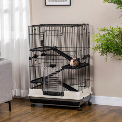 Pawhut 4-Level Small Animal Cage Rabbit Hutch With Wheels, Removable Tray, Platform And Ramp For Bunny, Chinchillas, Ferret, Black