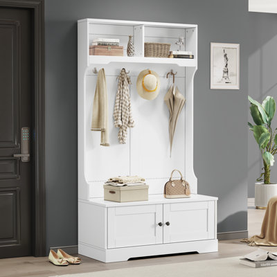 Carroway  Scandinavian Style 39.9" Hall Tree With  Doors, Hooks, Open Storage, And Durable Construction