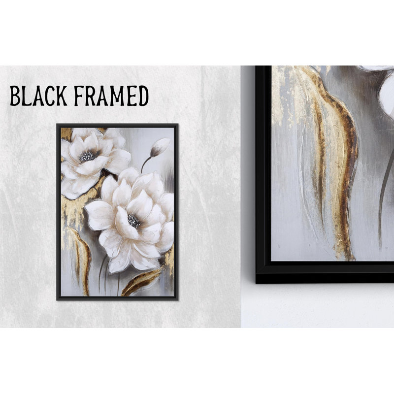 Impression sur toile à motif de fleurs abstraites imprimées: décoration murale moderne blanche, toile noire encadrée 1P