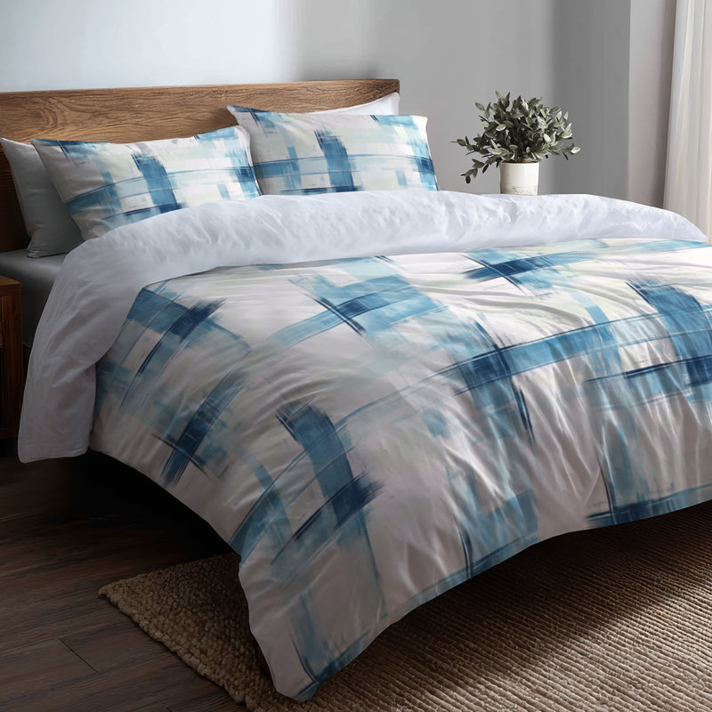Ensemble de literie moderne 3 pièces - Ensemble de housse de couette et de coussins à carreaux horizon bleu clair
