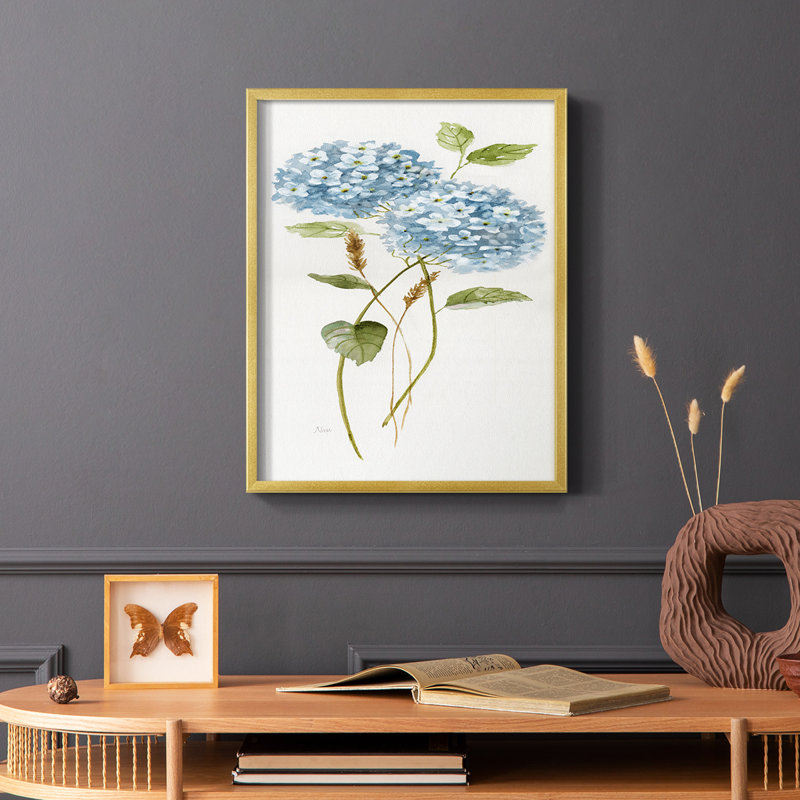 «Petite Blue Hydrangea II», reproduction encadrée - bois massif, Cadre doré simple, H 28 po x l 22 po