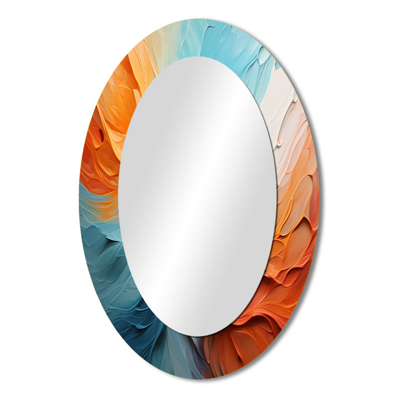 Teal Orange Bold Abstract Flow Collage I - Large Oval Wall Mirror On Metal, 36" x 24"