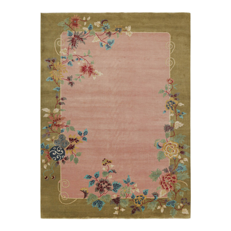 Art Deco Hand Knotted Wool Floral Area Rug, Rectangle 10' x 14'