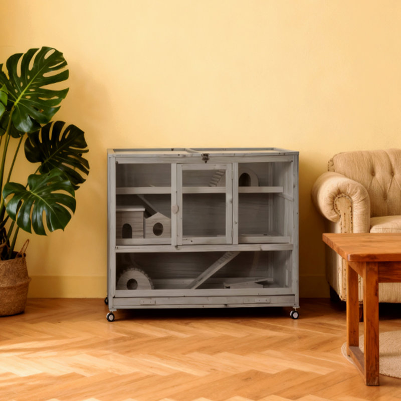 Cage à hamster en bois gris foncé à 3 niveaux avec cage et échelle