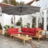Collinward 5 - Person Seating Group with Red Cushions and Round Grey Parasol