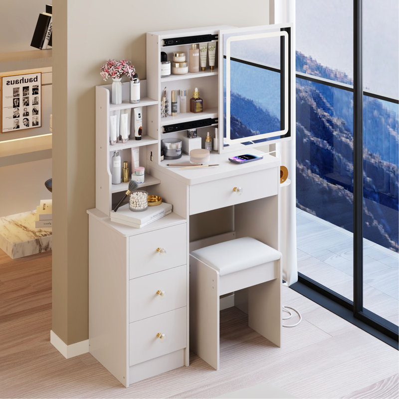 29.2" Small Size Left Bedside Cabinet Vanity Table + Cushioned Stool, 2 AC+2 USB Power Station, Hair Dryer Bracket, Extra Large Touch Control Sliding LED Mirror, Tri-Color Switching, Brightness Adjust