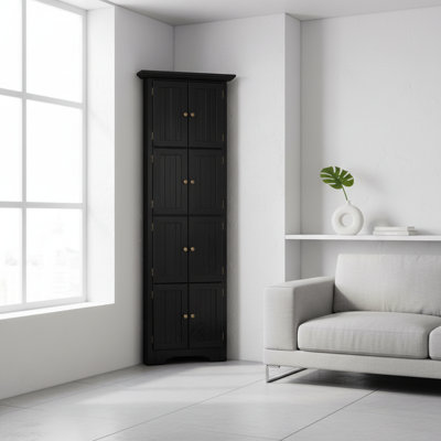 72" Tall Corner Pantry Cabinet, 4-tier Black Farmhouse Storage With 8 Doors | Versatile Kitchen, Bathroom, Living Room Organizer | Gift Idea