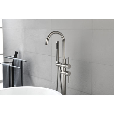 Floor Mounted Tub Faucet High Flow Freestanding Tub Filler Faucet with Handheld Shower Head and Swivel Spout