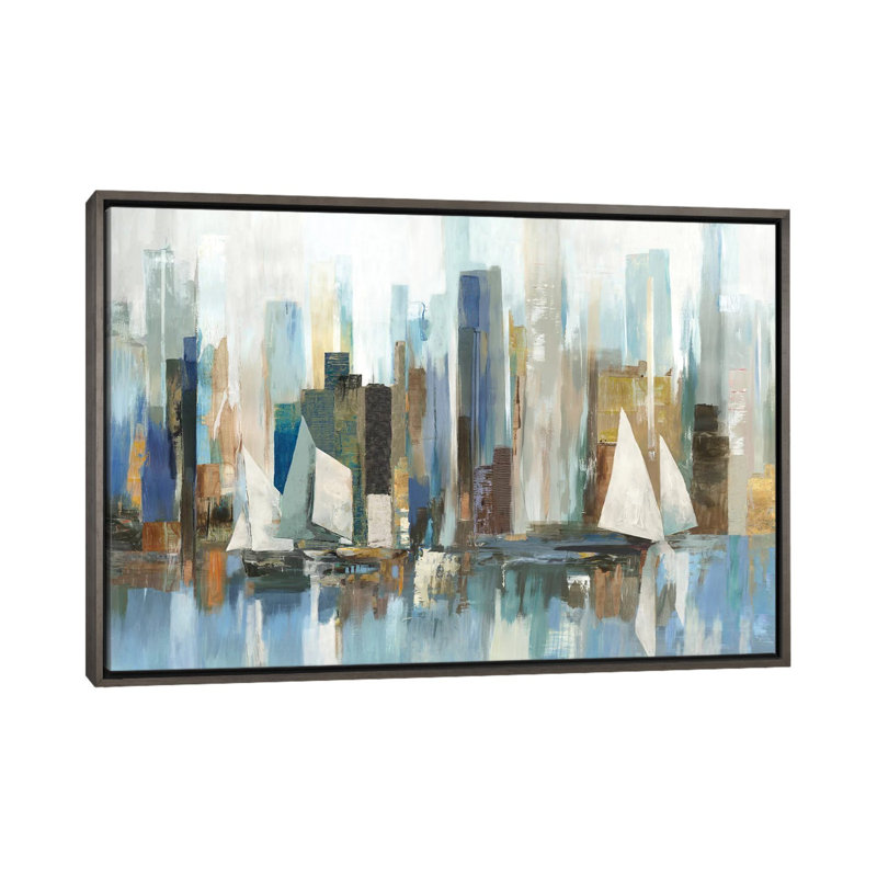 "Boats de The Shoreline" par Allison Pearce, reproduction d’art, H 40 po x l 60 po x 1,5 po, Cadre en bois rustique foncé