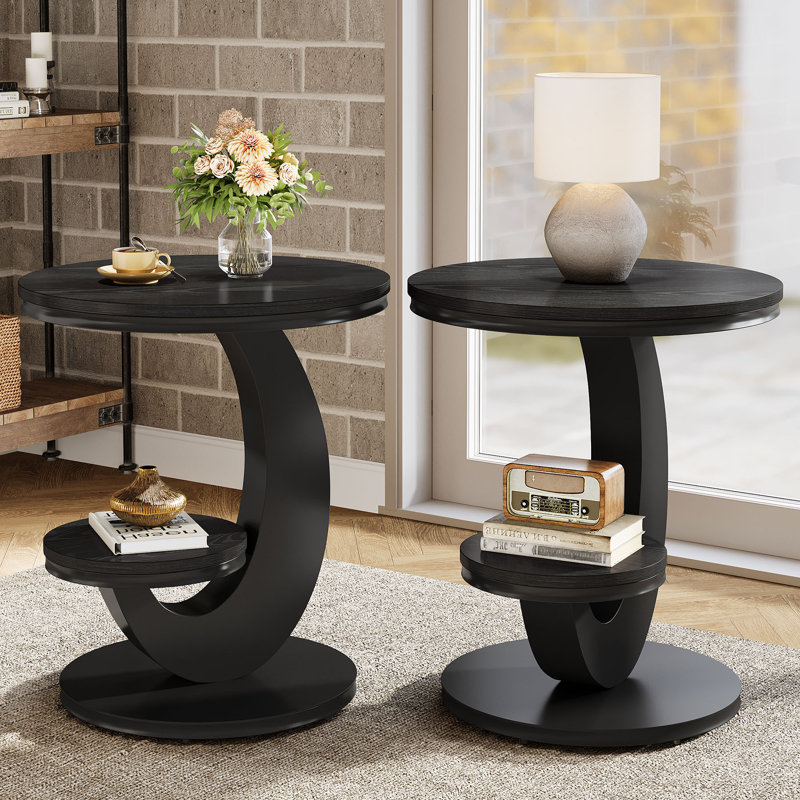 2 Tiers Round End Table Set of 2, Black