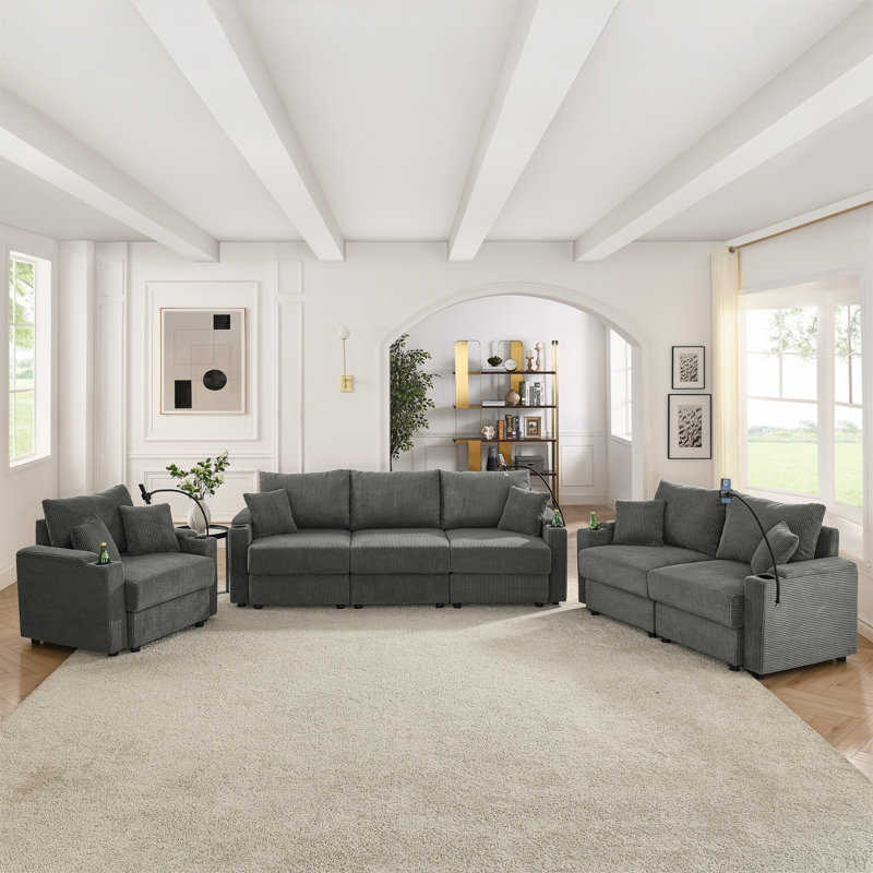 Ensemble de canapé moderne avec 6 sièges avec rangement, canapé à siège profond avec porte-gobelets et support pour téléphone, canapé en velours côtelé pour le salon