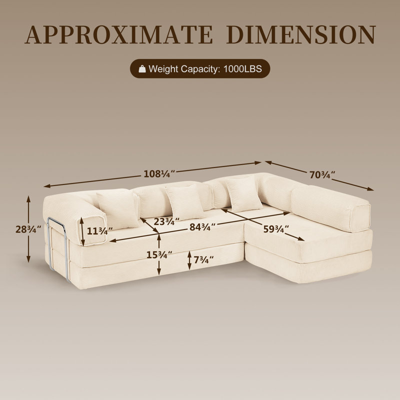 Canapé-lit modulaire pliable en L de Boneless, Beige