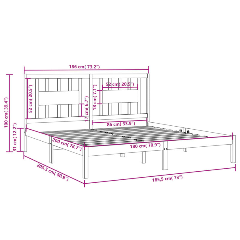 Bed Frame Solid Wood, Black, Super King (200 x 200 cm), No