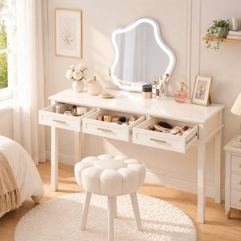 Coiffeuse blanc crème à 3 tiroirs, table de maquillage moderne ou bureau, table de toilette multifonctionnelle pour chambre à coucher, miroir non inclus
