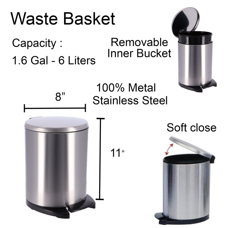 Steel 1.6 Gallon Step On Trash Can, Silver