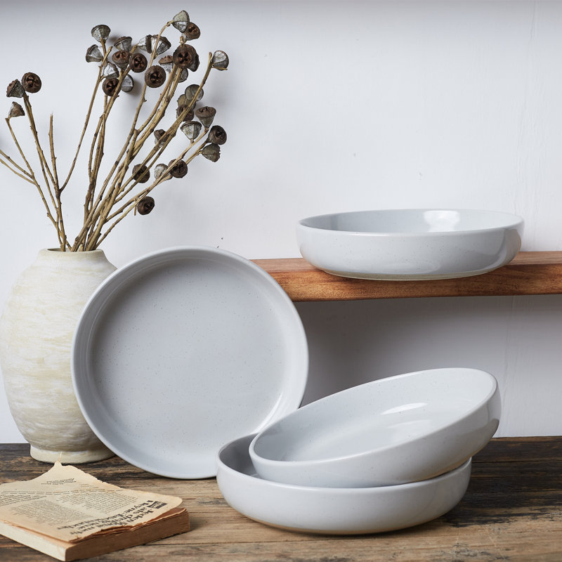 Stoneware Pasta Bowl Set (Set of 4), 976ml Bowls, Light Grey