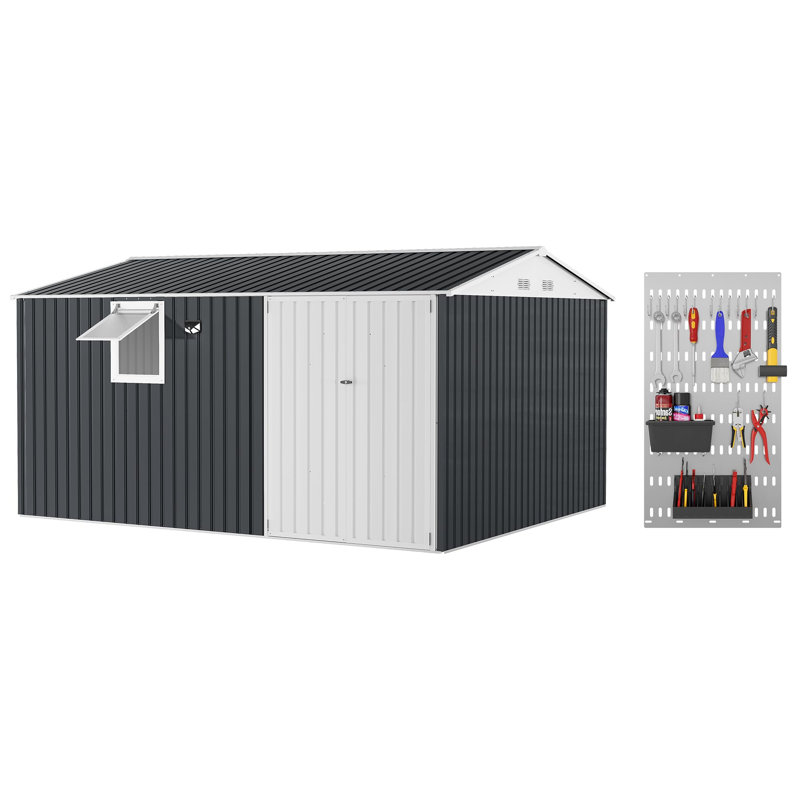 Remise de jardin 12 po x 10 pi en métal galvanisé avec fenêtre escamotable, lumière DEL, panneau perforé, évents, portes verrouillables