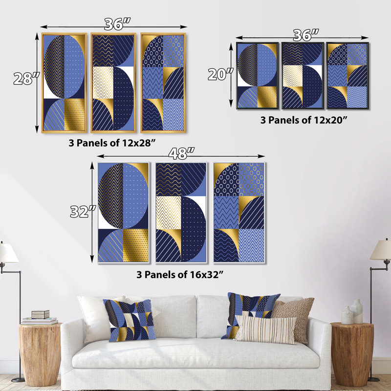 «Retro Luxury Waves in Gold and Blue IV», reproduction de cadre photo sur toile 3 pièces, H 28 po x l 36 po, Noir