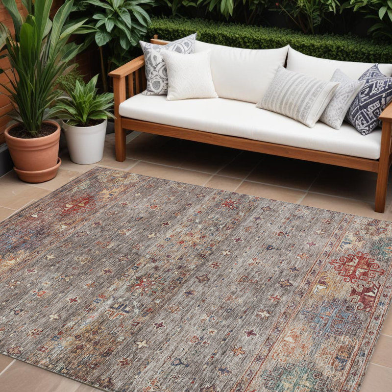 Tapis extérieur lavable floral brun clair et terre cuite 9 pi x 12 pi