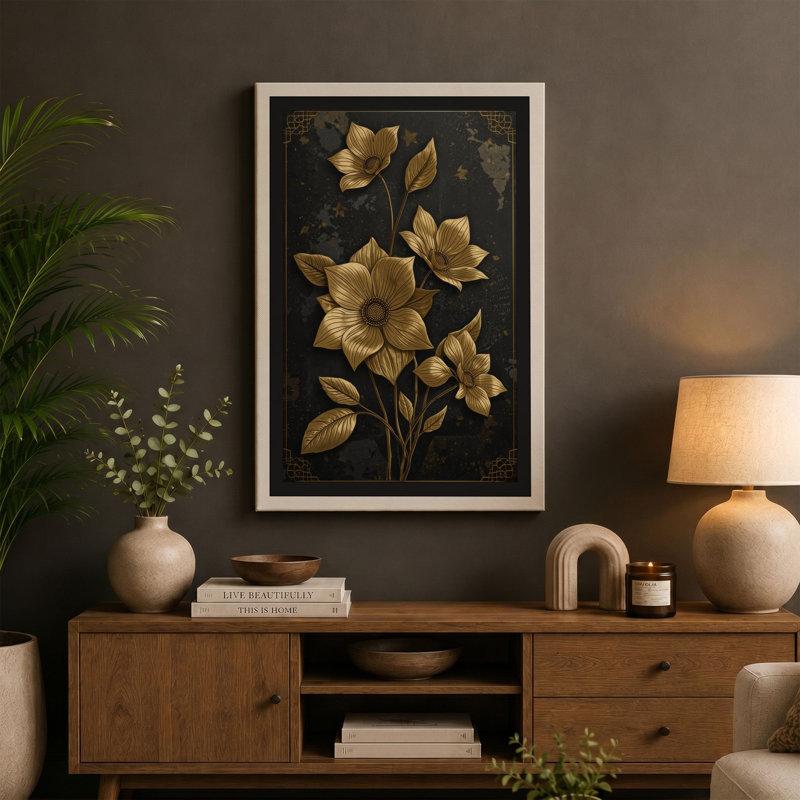Golden Daffodil Study Botanical - Wrapped Canvas, 24x16 - 61.0 x 40.6 cm, Taupe Border