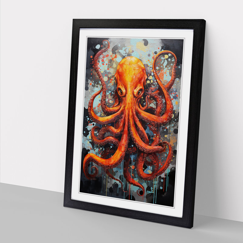 Octopus Modern - Single Picture Frame Print on Wood, Black , 64cm H x 46cm W x 2cm D