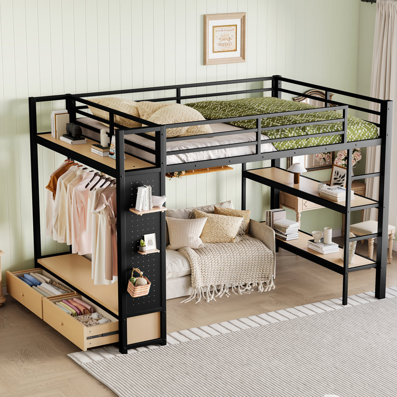 Lit mezzanine double en MDF noir et en métal avec garde-robe, peu encombrant, support robuste, Lit double