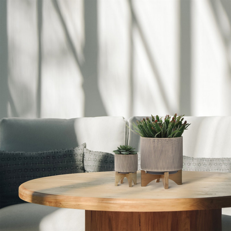 Set of 2 Beige Ceramic Planters with Wooden Stands