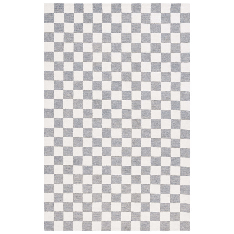 Gray and Ivory Checkered Handmade Wool Area Rug, 8' x 10'