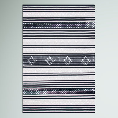 Trung Hand Woven Cotton/Wool Striped Rug in Cream/Black