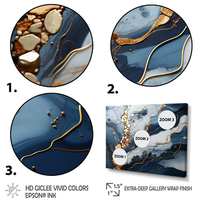 Blue and Gold Marble river II - Abstrait marbré, impressions sur toile, Cadre d'angle fermé doré