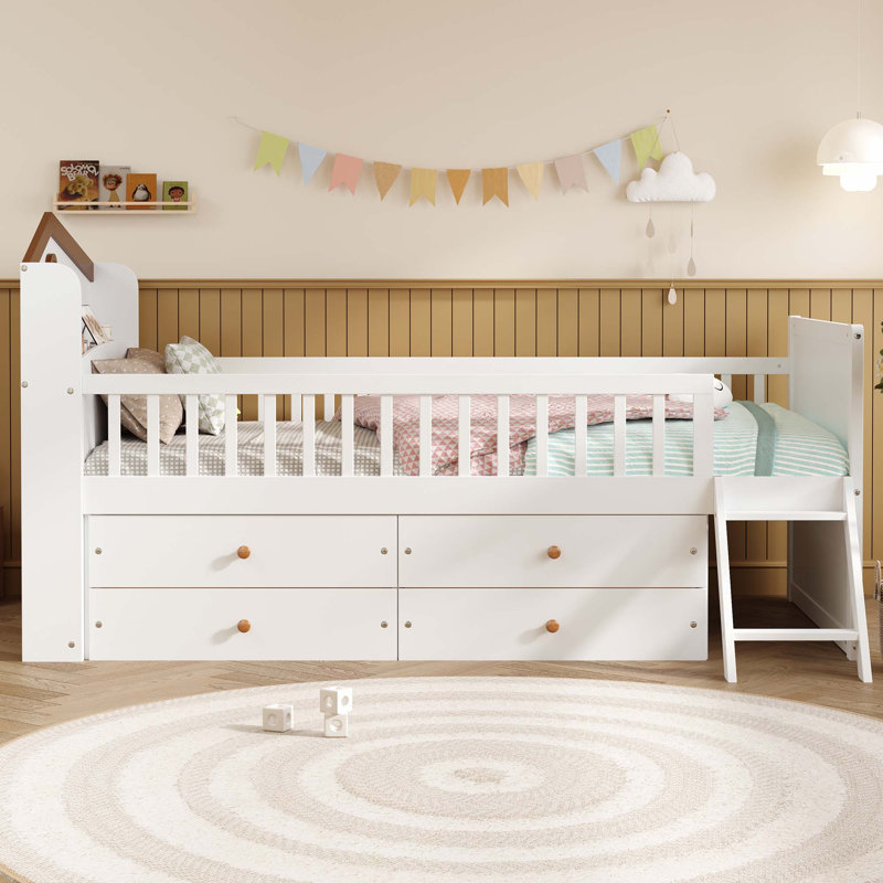 Structure de lit simple avec tiroirs de rangement, conception en bois pour enfants, lit plateforme avec garde-corps, tête de lit et échelle, aucun sommier requis, facile à assembler