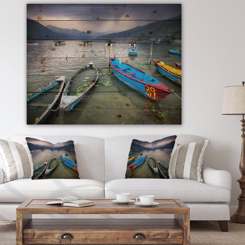Bateaux près du lac Pokhara - Reproduction, H 30 po x l 40 po x P 1,5 po, Bois