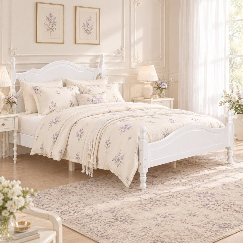 Structure de lit double en bois pleine grandeur, lit plateforme de style rétro avec support en lattes de bois, blanc, Blanc