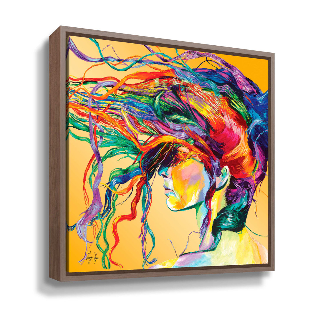 'Windswept' by Linzi Lynn, Modern Abstract Woman with Colorful Rainbow Hair, Inspirational  Wall Art Ebern Designs Size: 18" H x 18" W x 2" D Format: Walnut Framed