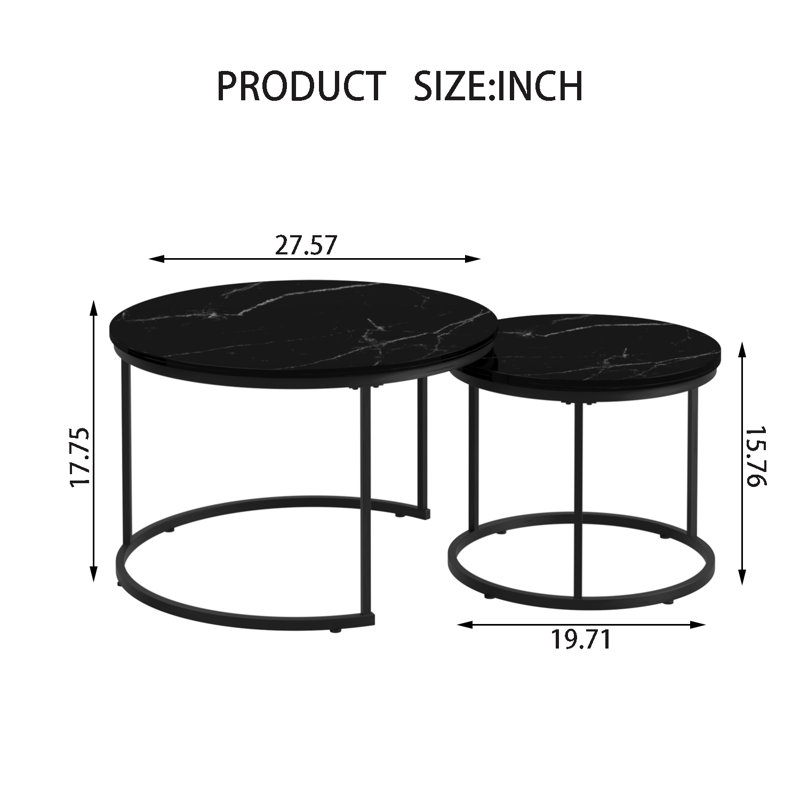 Table basse gigogne en bois 27,6 po, Black, Marble