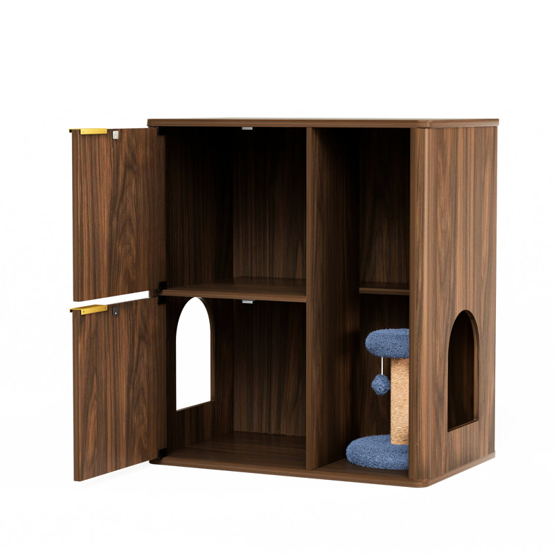 Litière pour chat 31,5 po en noyer avec arbre, portes doubles et tablettes de rangement pour le salon ou la chambre à coucher. Comprend un compartiment encastré pour cacher la boîte, des ouvertures arquées faciles d'accès et une corde de chanvre
