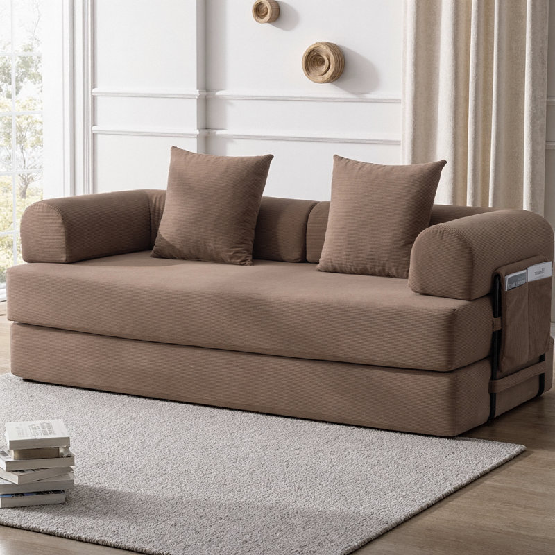Canapé-lit modulaire pliable compressé avec structure en métal, canapé convertible 2 places en velours côtelé avec pochette de rangement pour les petits espaces, les appartements et les dortoirs