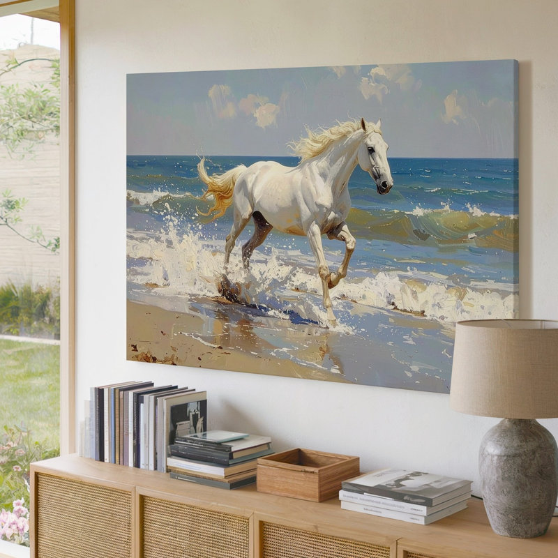 Toile galopant, cheval blanc sur le rivage, H 30 po x l 30 po