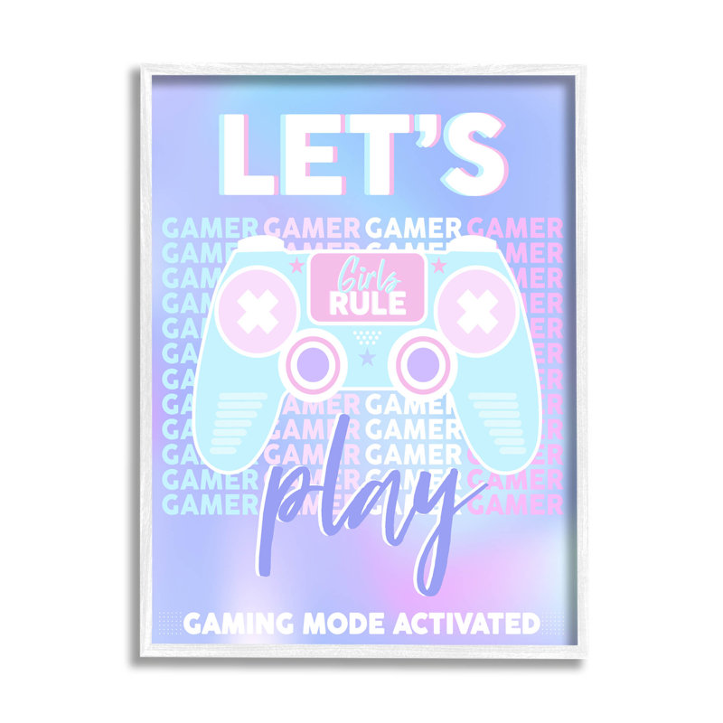 " Let's Play Gaming Mode Activated Phrase " by Angela Nickeas, 20" H x 16" W x 1.5" D, Coastal White Framed Giclee