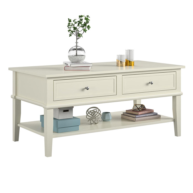 Clarice Four Leg Coffee Table with Storage, Off-White