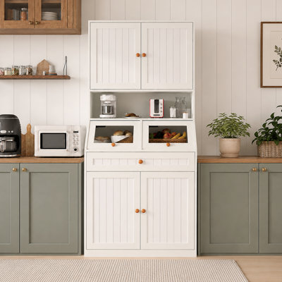 76.57" Freestanding Kitchen Pantry with Lift-Up Display Storage and Door Shelves