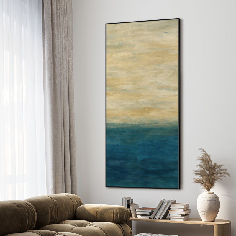 Très grande impression d'art abstrait bleu Horizon - beige neutre et tons océaniques, œuvre d'art moderne pour le salon ou la chambre à coucher, assemblage requis